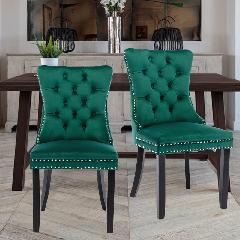 Tufted Velvet Wing Back Side Dining Chairs, Black, Green