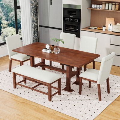 Ensemble de table de salle à manger extensible 6 pièces avec table à tréteaux, rallonge amovible, 4 chaises rembourrées et banc