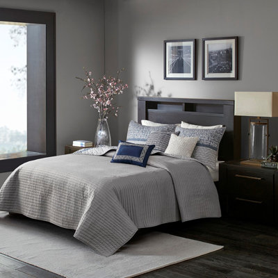 Luxurious Reversible Jacquard Bedding Sets, Cotton Navy Full/queen With Decorative Pillows