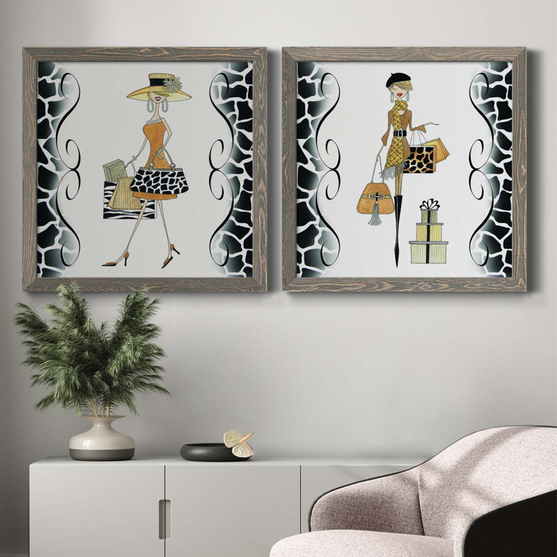 Swanky Shopper Gal - ensemble de 2 impressions encadrées sur toile, H 27,5 po x l 55 po x P 1,5 po, Encadré gris