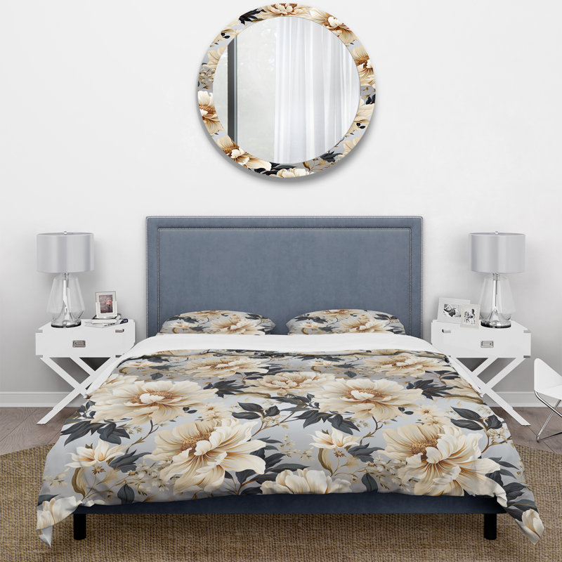Ensemble de housse de couette Beige Soft Neutrals Peony Elegance, Housse de couette pour grand lit et 2 taies décor