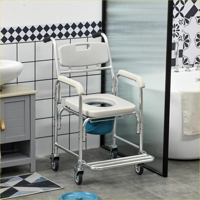 Fauteuil de douche et de commode imperméable HOMcom 3 en 1, capacité de transport de 330 lb avec siège rembourré sur roulettes avec siège rembourré, gris clair