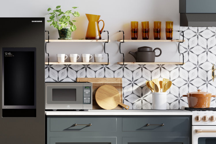 modern kitchen with a geometric backsplash, open wall shelves, and a countertop microwave