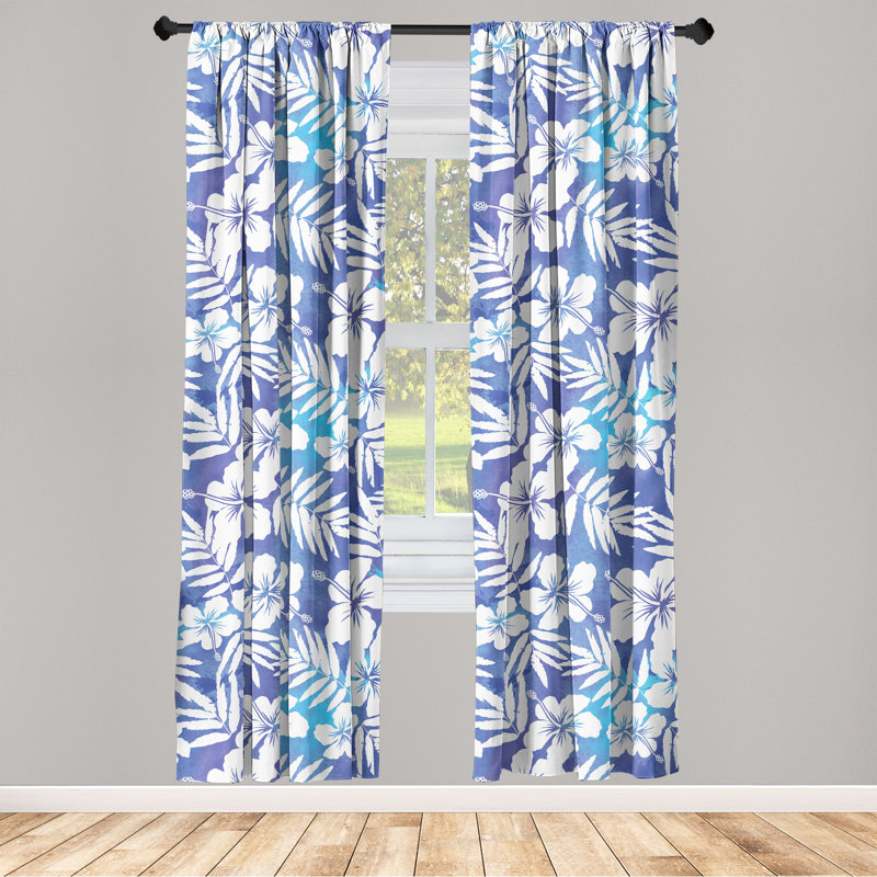 Blue and White Floral Microfiber Sheer Rod Pocket Curtains