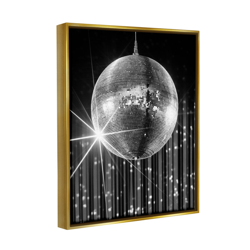 Boule disco noire par Jesse Keith, Cadre flottant métallique doré, H 21 po x l 17 po x P 1,7 po