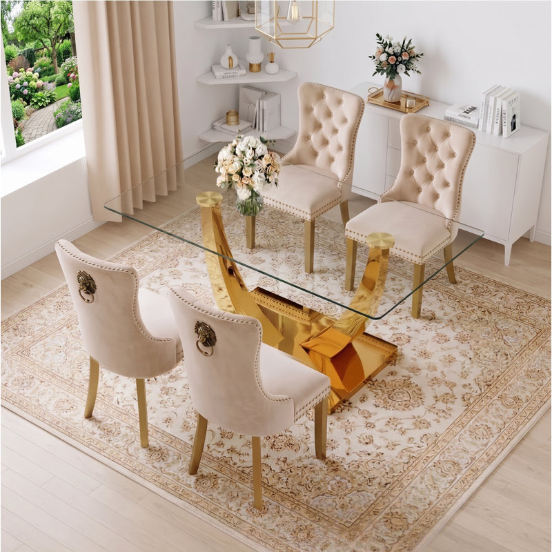 Ensemble de salle à manger rectangulaire moderne en verre avec chaises Parsons capitonnées, Beige, Doré