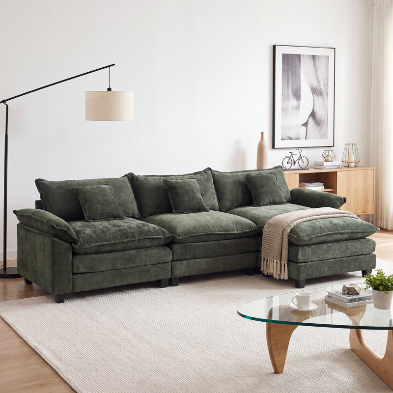 Canapé d'angle en chenille de 284 cm de large avec méridienne, canapé en L 3 places pour salon, Chenille verte