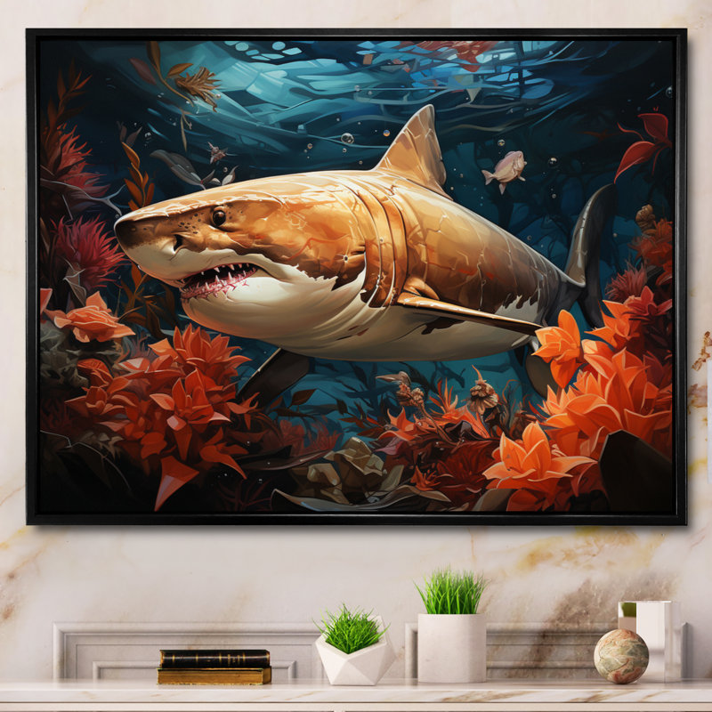 " Grey Orange Shark Underwater Symphony ", 34" H x 44" W, Black Floater Framed