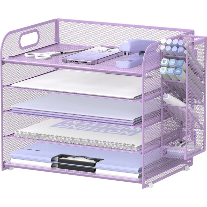 Organisateur de bureau en filet à 5 niveaux avec poignée et porte-stylos amovibles, Mauve