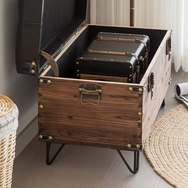 Riveted Leather Corner Protector Solid Wood Storage Ottoman