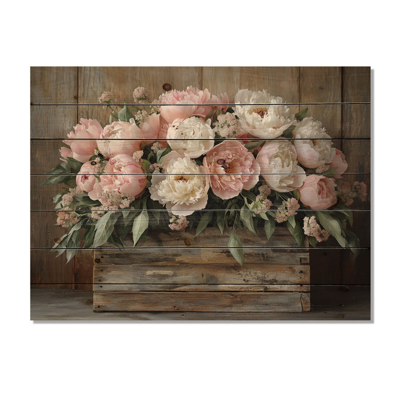 Farmhouse Chic Bouquet II - pivoines, art mural sur bois de pin naturel, H 34 po x l 44 po x P 0,78 po