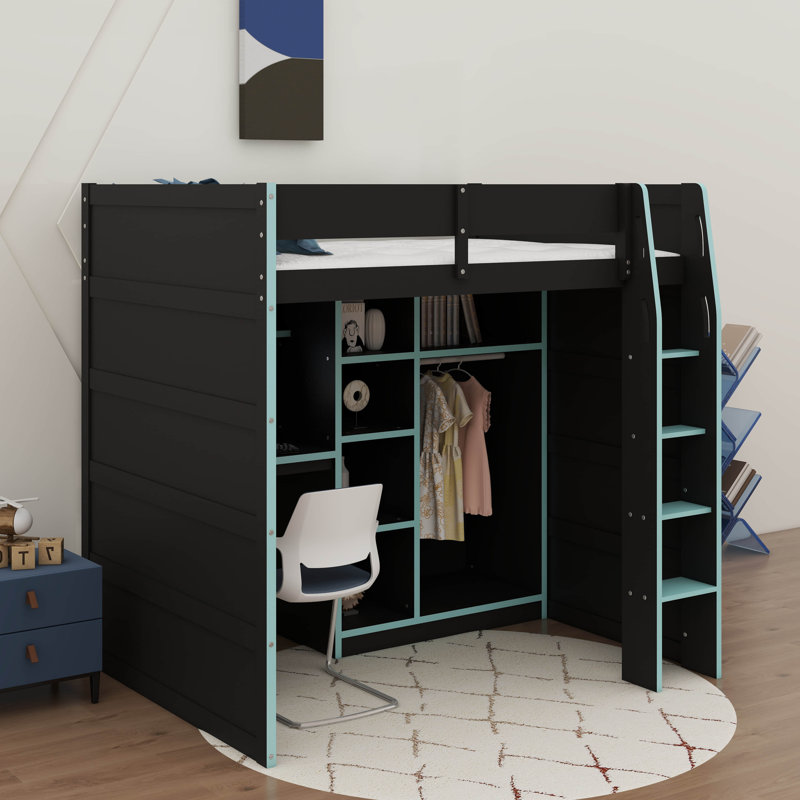 Full Size Wooden Gaming Loft Bed Featuring Desk, Storage Shelves & Built-In Ladder, Equipped With Storage Closet, Cloud Blue
