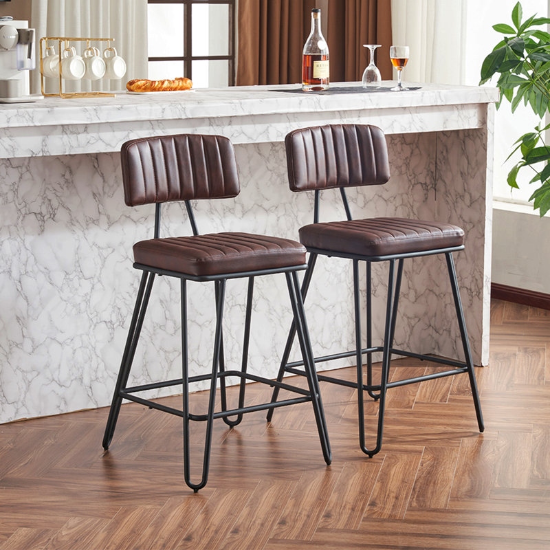 Ensemble de 2 tabourets de bar industriels, chaises à hauteur de comptoir avec revêtement en cuir polyuréthane et structure en métal, chaises de bar rétro