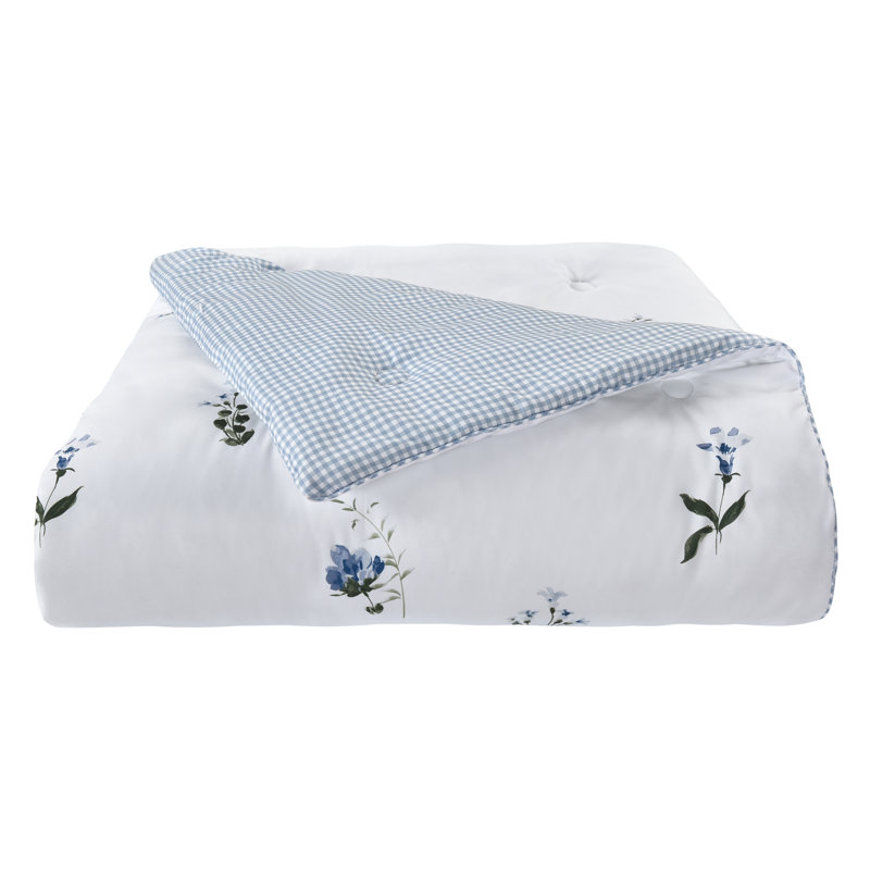Kourtney Blue Floral Queen Comforter Set with Gingham Accents