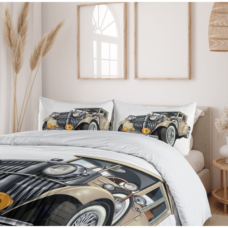 King Size Vintage Car Design Microfiber Duvet Cover Set