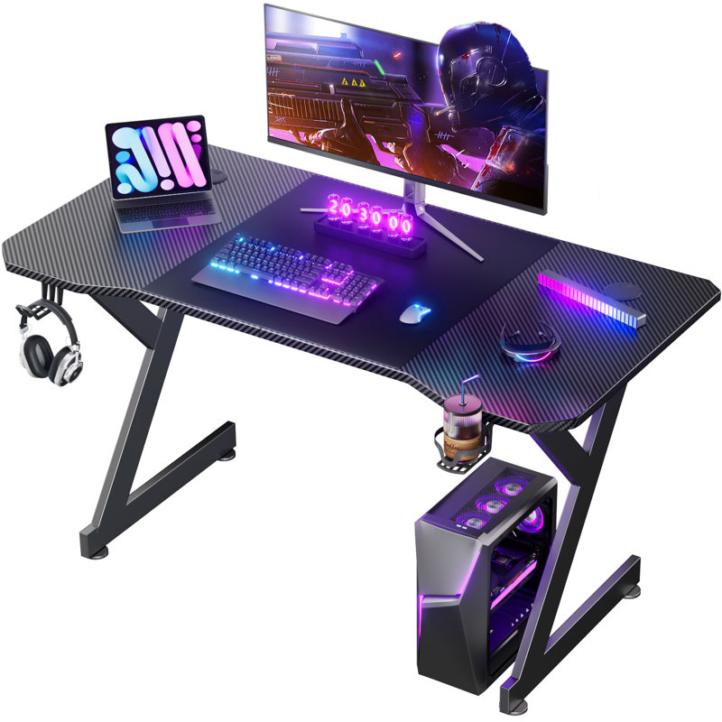 Y-Shaped Gaming Desk with Carbon Fiber Surface, Ergonomic Curved Computer Desk with Cup Holder, Headphone Hook and Cable Grommets, Black