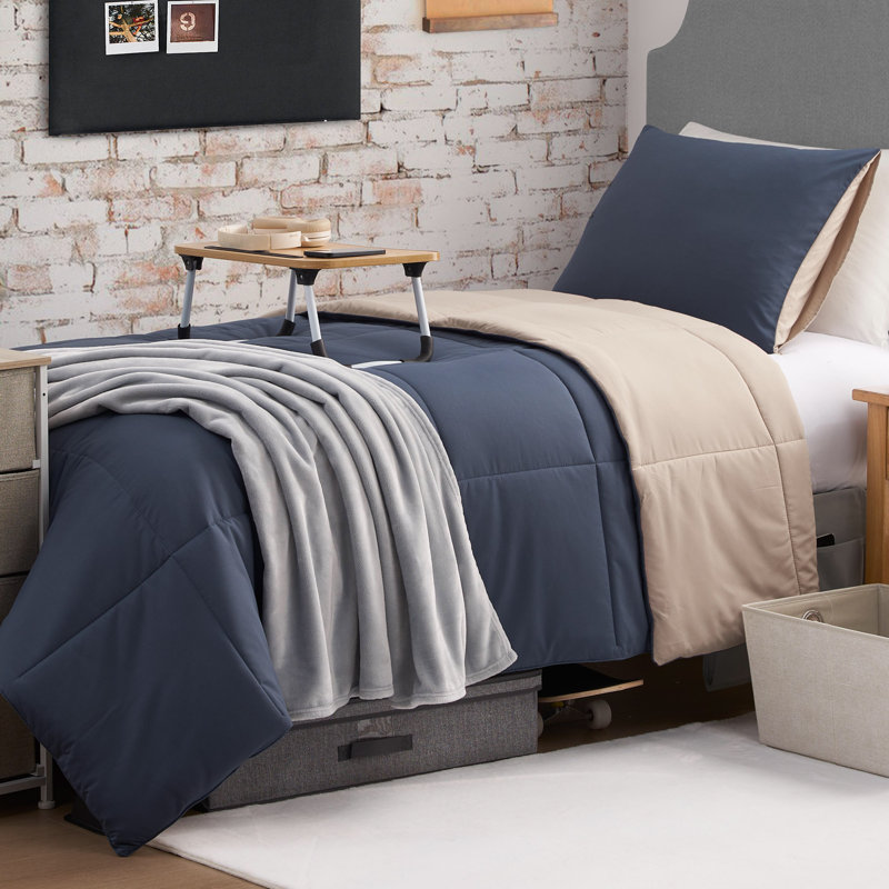 The Sheet Lab Box Stitch Reversible Comforter Sets, Queen Comforter + 2 Standard Shams, Blue/Tan