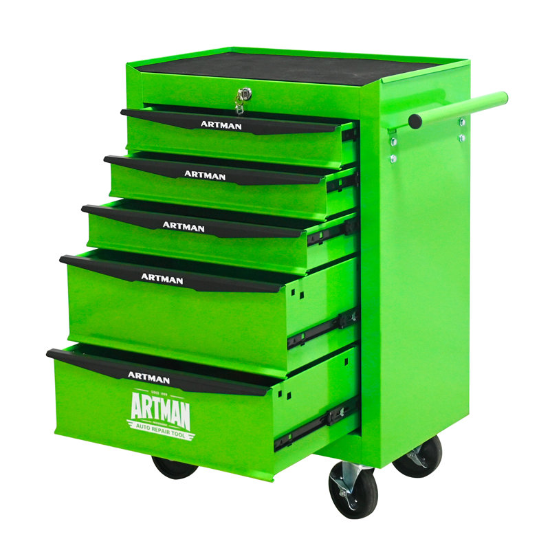 Coffre à outils roulant en métal à 5 tiroirs avec glissières à roulement à billes, armoire de rangement en acier verrouillable et mobile pour l'organisation de l'atelier.