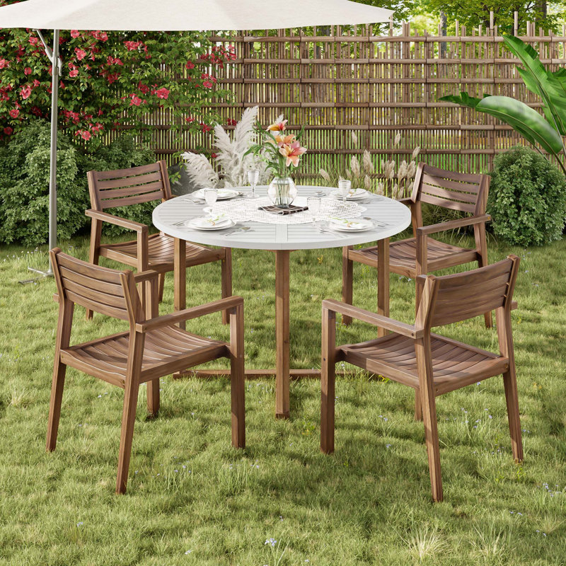 5-Piece Outdoor Dining Set with 4 Acacia Wood Chairs and Round Slatted Table, Ideal for Patios, Gardens, Poolsides, and Indoor Use