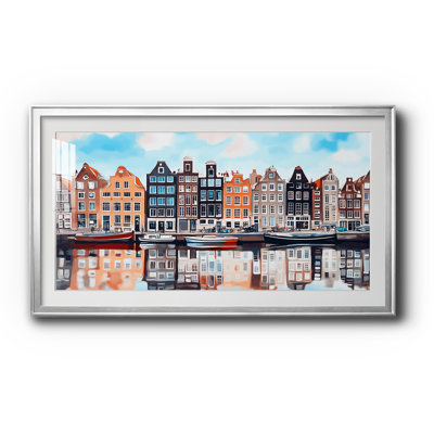 Art mural sur toile coloré "Canal de Amsterdam coloré" - Paysage urbain - Série paysage CLXV, ouverture 16 x 32 dans un cadre noir, extérieur 19 x 35