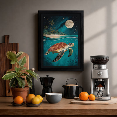 Turtle Under Moonlight Coastal - Framed Print