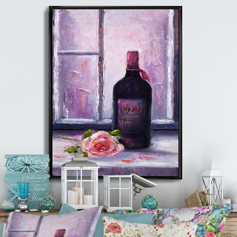 «Red Wine Bottle», peinture sur toile, H 20 po x l 12 po x P 1 po, Cadre flottant noir