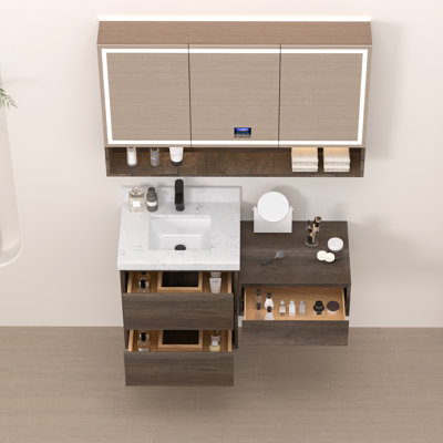 Ensemble de meuble-lavabo mural 48 po avec plateau en pierre reconstituée et armoire de rangement modulaire