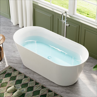 59" x 27.5" Freestanding Soaking Acrylic Bathtub With Center Drain,Reinforced Slim Apron Design