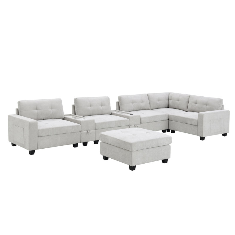 Canapé modulaire de 104 po avec plateau en acrylique, ensemble de canapé en U en chenille avec 2 consoles, chargeur USB, tiroirs et poches de rangement, repose-pieds mobile, canapé capitonné pour salon, appartement
