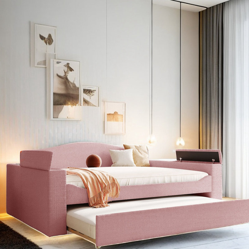 Teddy Fleece Daybed With Storage Armrests, Trundle, USB Port, Pink
