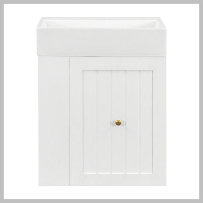 Meuble-lavabo de 20 pouces avec lavabo en céramique, armoire de rangement en panneau de fibres à densité moyenne avec tiroir, tablette latérale et poignée dorée - meuble-lavabo moderne pour les petites salles de bain