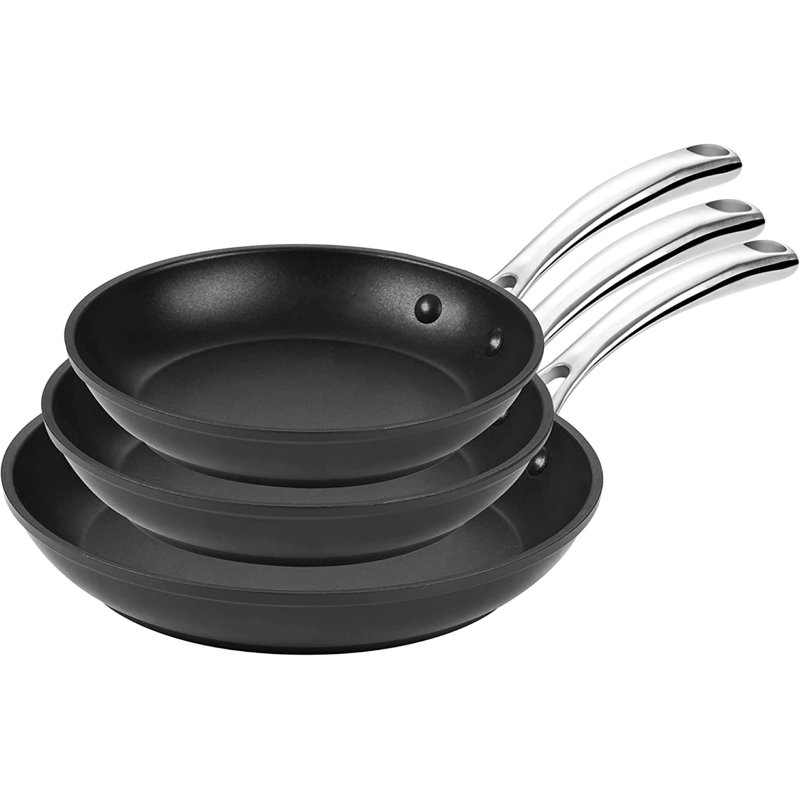 3-Piece Black Aluminum Nonstick Frying Pan Set with Stainless Steel Handles