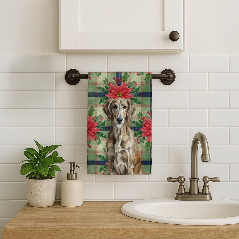 Brindle Scottish Deerhound Christmas PoinsettIas Kitchen Towel, Brindle Scottish Deerhound