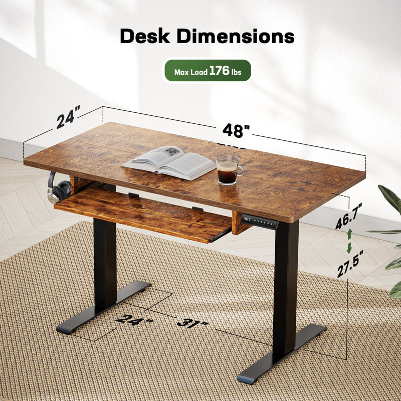Lilja Electric Standing Desk with Keyboard Tray, 27.5" H x 48" W x 24" D, Brown