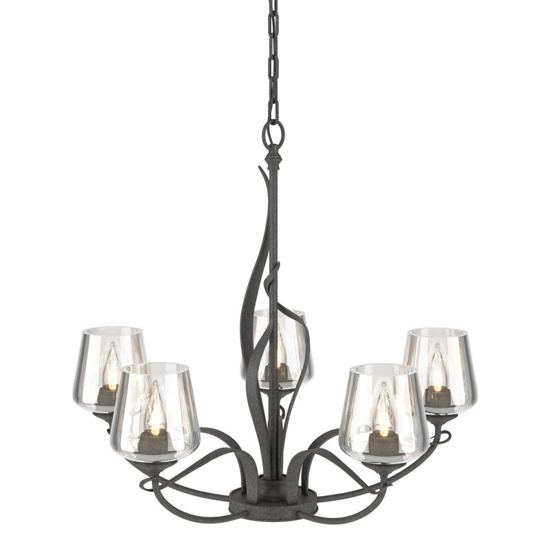 Lustre classique / traditionnel à 5 lumières de style bougie Flora, Dôme transparent, Fer naturel