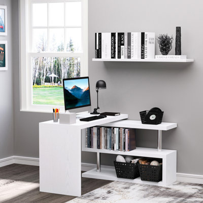 360 Degree Rotating L Shaped Desk, White With 3 Storage Shelves, Ideal For Home Office Computer Desk Rotation, Solution, Spacious &