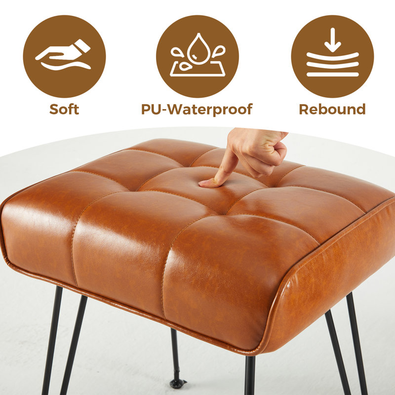 Faux Leather Upholstered Vanity Stool with Metal Legs, Brown