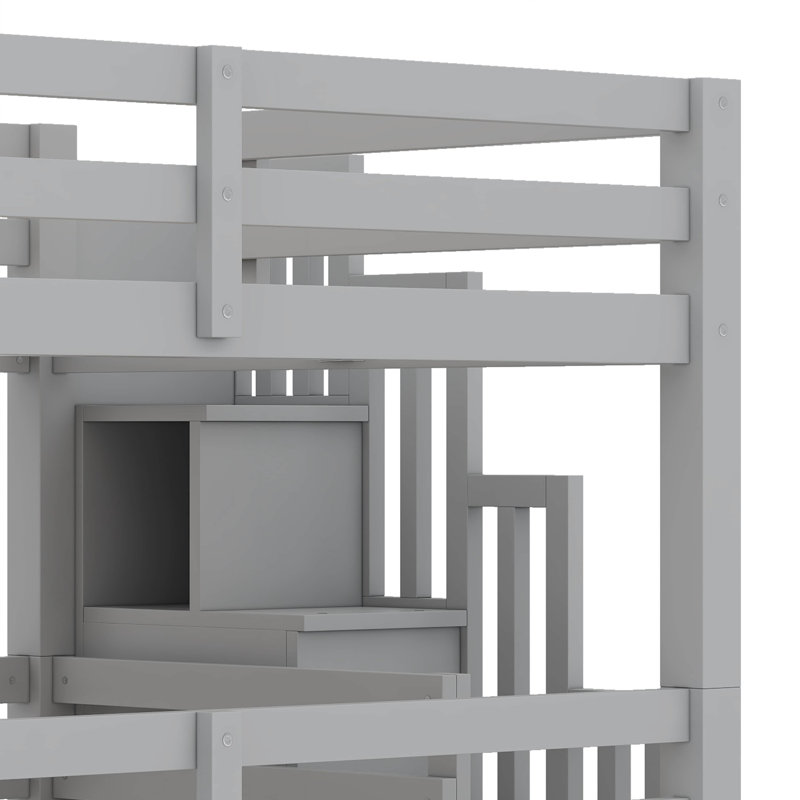 Lit superposé triple double avec escalier de rangement, Gris