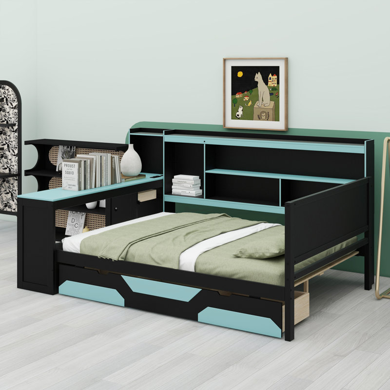 Contemporary Daybed for Gamers Featuring Integrated Desk, Lighting, and Charging Station, Bed Frame with Storage Drawers