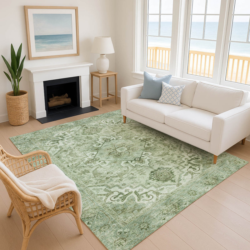 Premium Machine Washable Mayfield AMF2164 global Rug, Aloe, Rectangle 2'6" x 3'10"