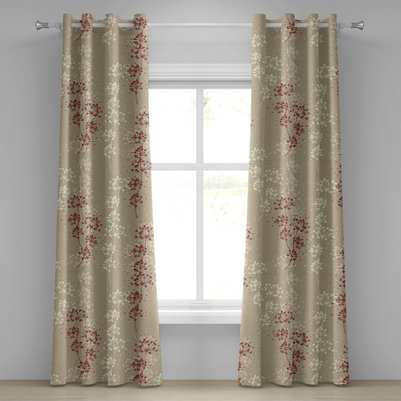 Latitude Run® Floral Design Grommet Curtain Japan Simple Flowers Pale Khaki Burgundy Rose, 50" W 63" L