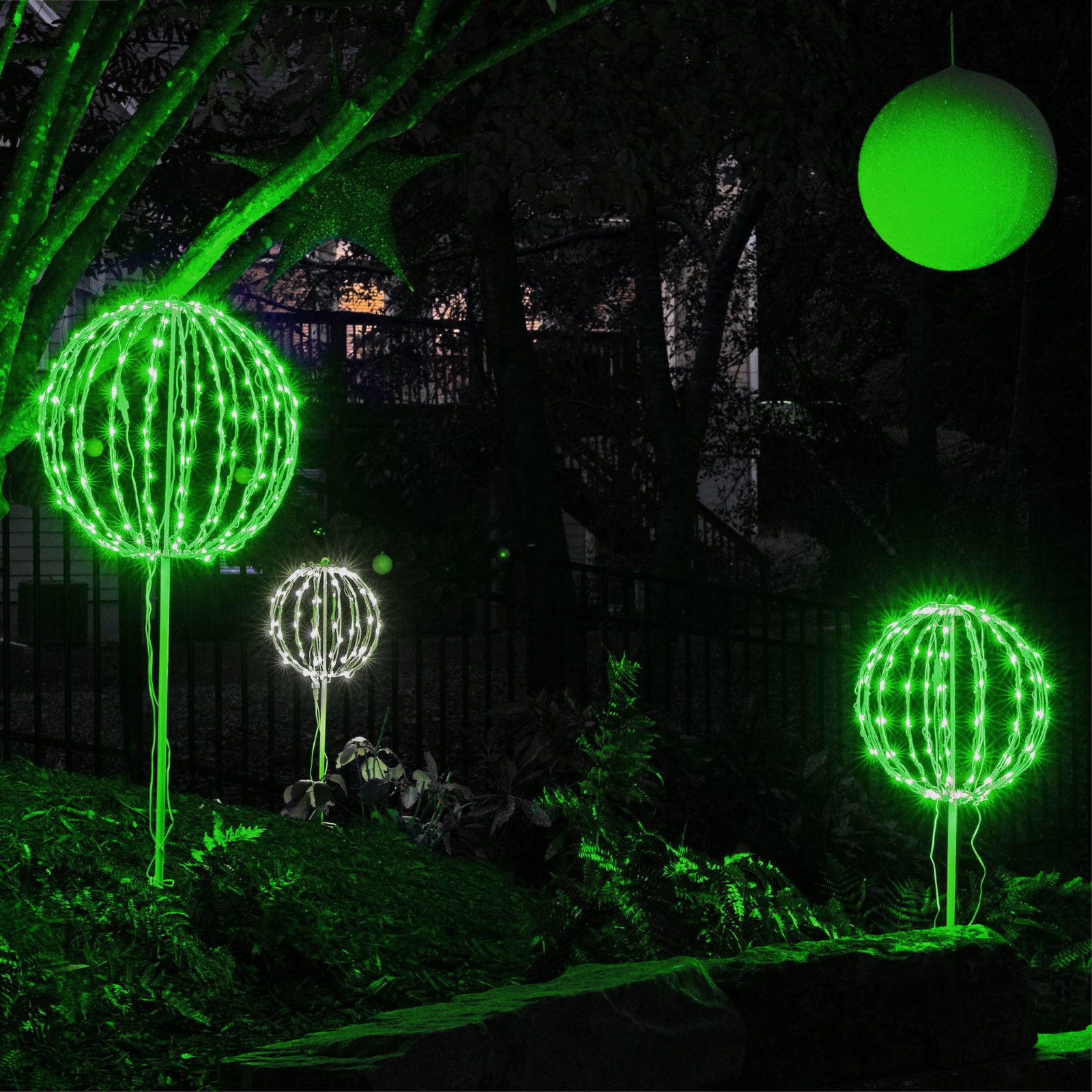Fold-Flat LED Metal Lighted Outdoor Decoration, Green, 12" H x 12" W x 12" D