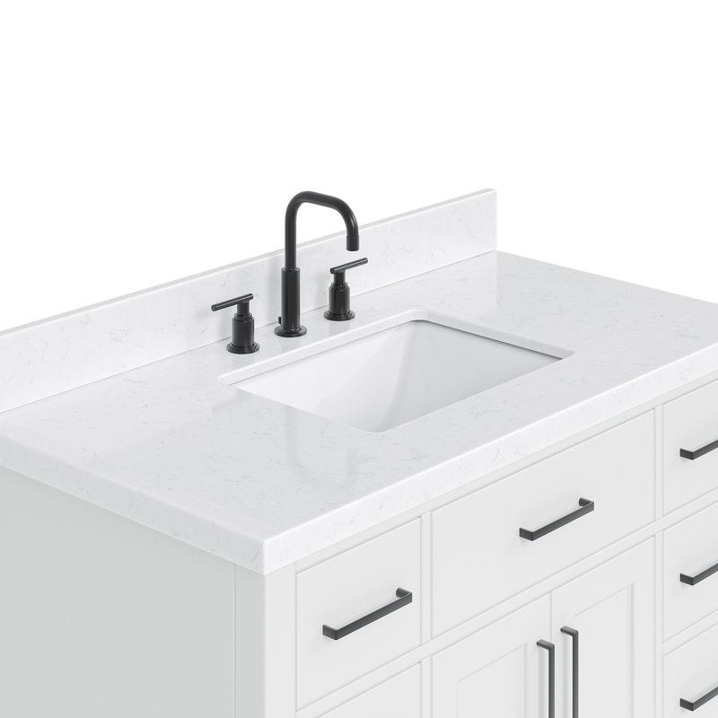 Thornaby 42'' Solid Wood Single Bathroom Vanity with 1.5'' Carrara Quartz Top, White / Matte Black, Rectangular