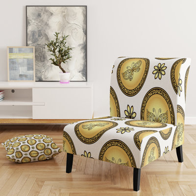 Fauteuil de chambre rembourré or et brun avec motifs de cercles rétro dégradés