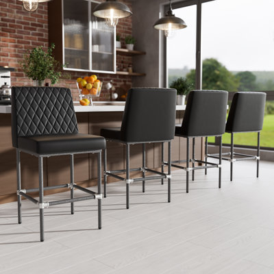 Counter Height Bar Stools Set of 4, 26" Industrial Kitchen Counter Height Stools with Back, Black Leather Barstools with Padded Seat and Painted Metal Frame for Kitchen Island