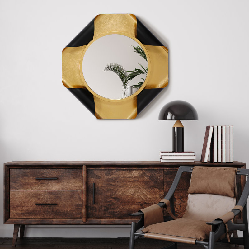 Miroir mural rond sur cadre octogonal en feuille d'or avec cadre en métal enroulé