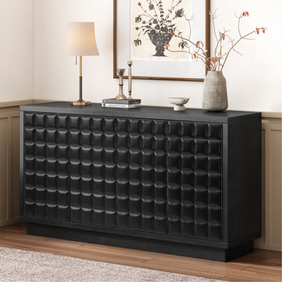 Modern 4-Door Storage Cabinet With 3D Geometric Doors & Metal Trim, Perfect For Living Room, Kitchen Or Home Office