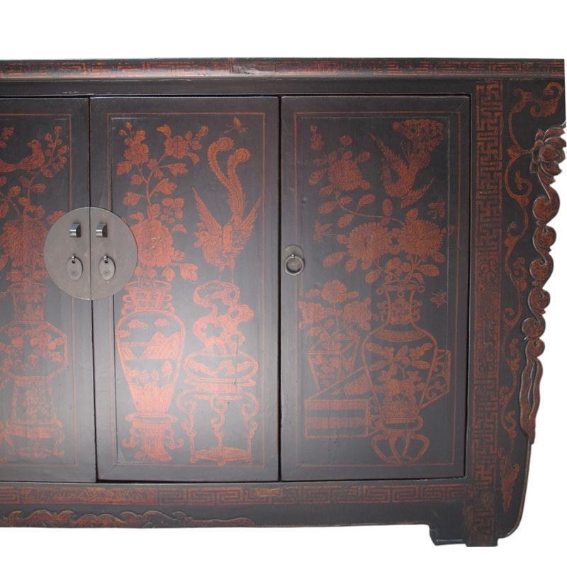 Vintage Chinese Four-Door Cabinet with Hand-Painted Floral and Bird Panels