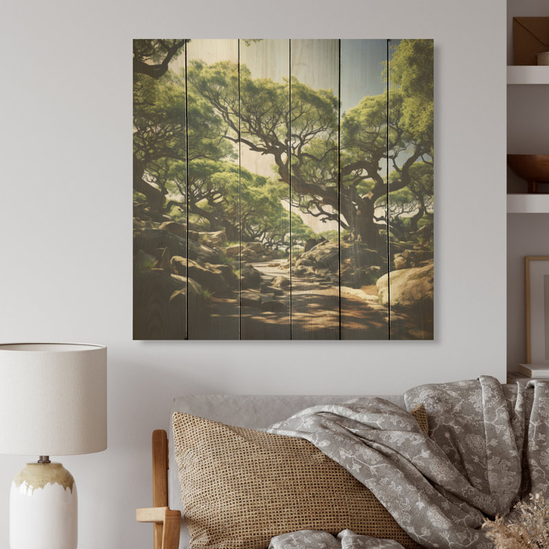 Sentier près du bois en Grèce - Art de chêne sur bois de pin naturel, H 30 po x l 30 po