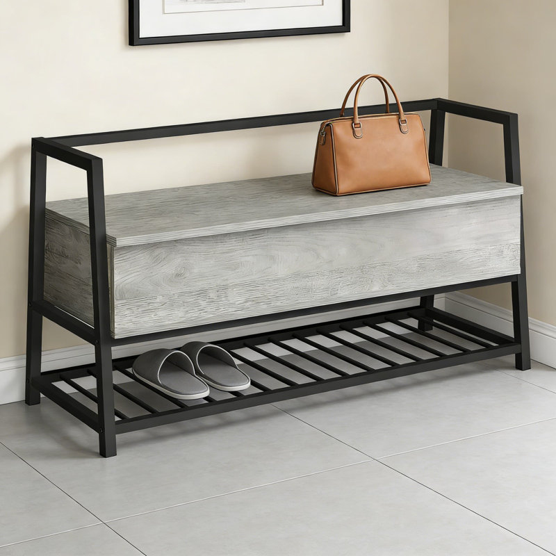 Banc de rangement moderne avec siège rabattable et range-chaussures, organisateur de couloir d'entrée avec structure en métal et finition aspect bois